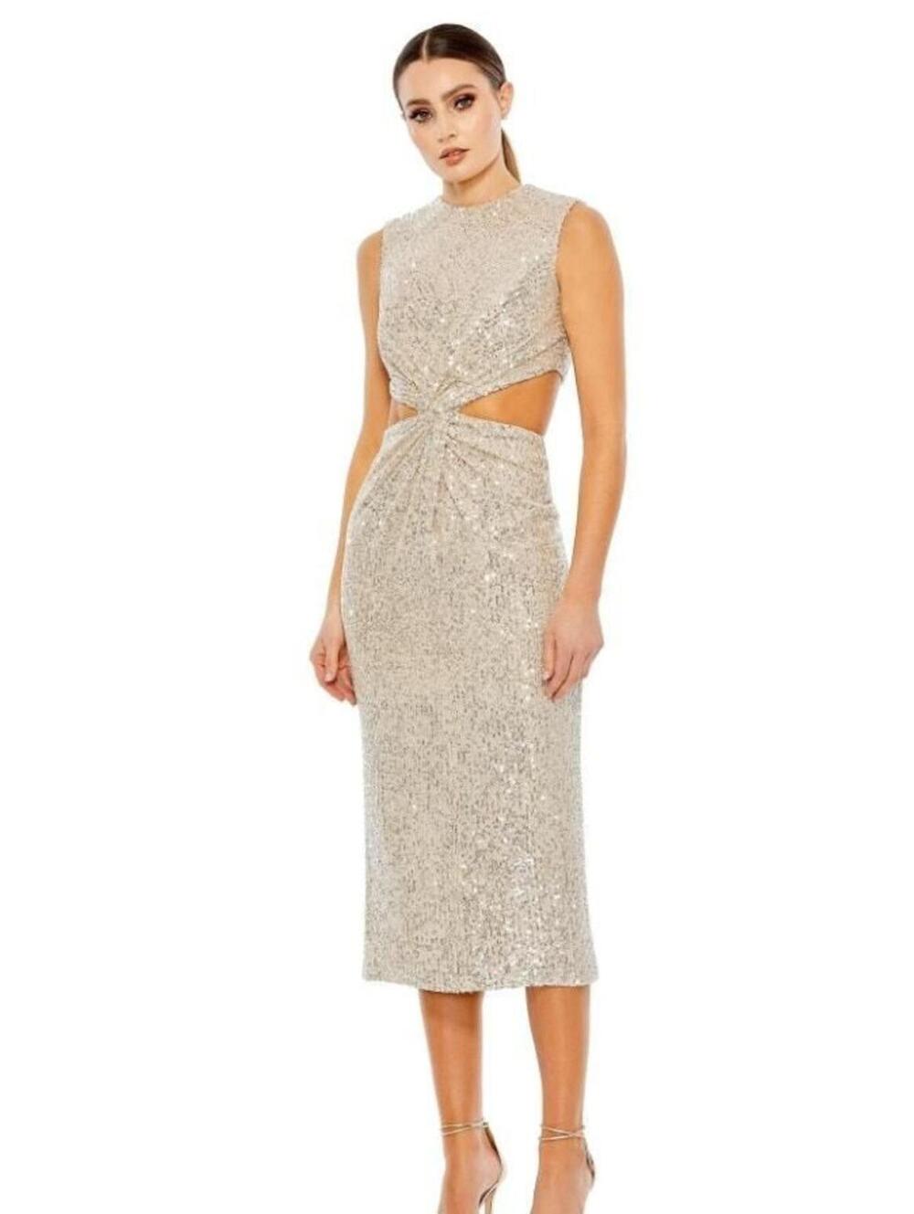 NWT Mac Duggal High-Neck Midi Sequin Party Dress Nude Size 6 l